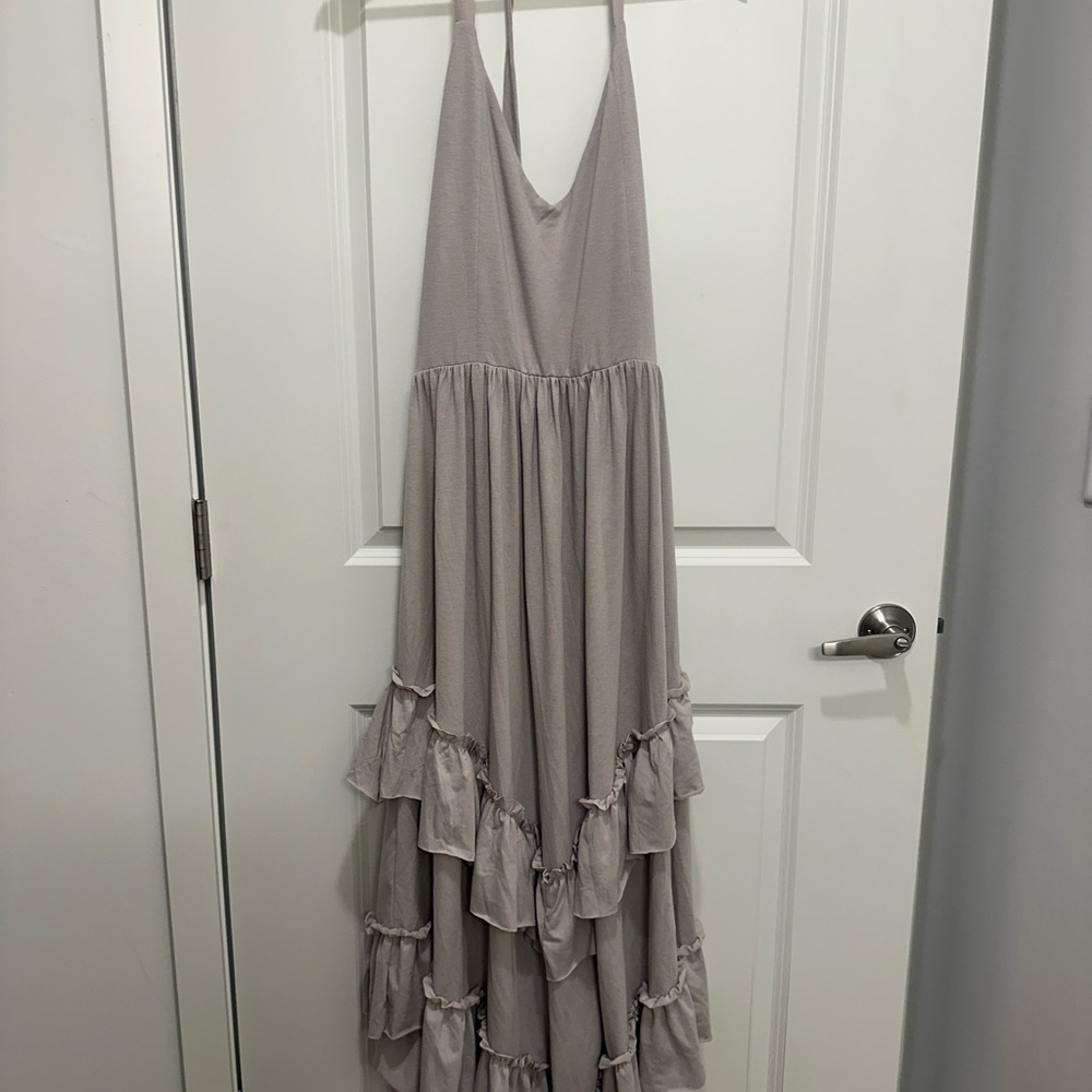 Joyfolie Stone Colored Halter Maxi Dress with Ruffles